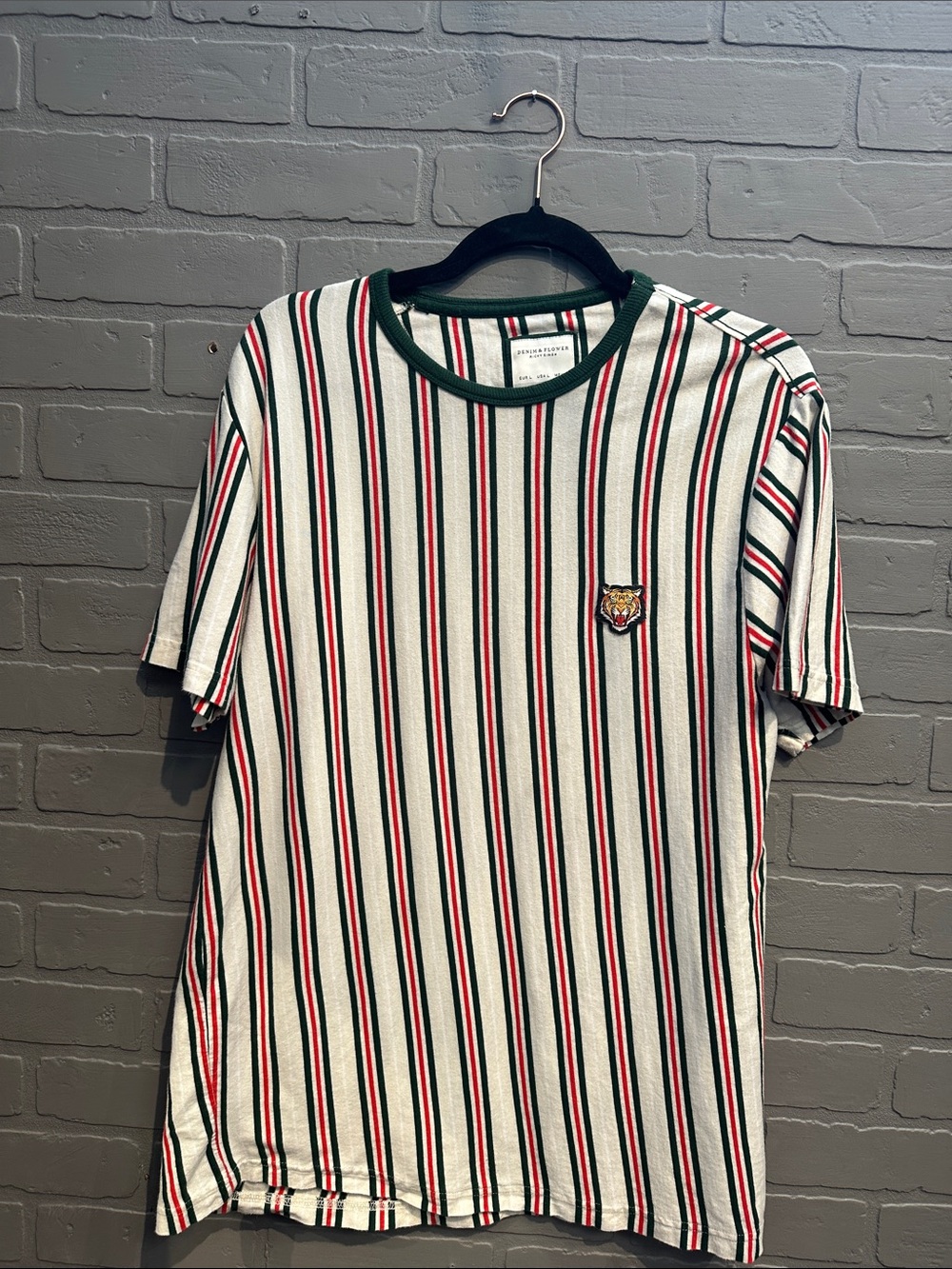 Denim & Flower White Tee with Green and Red Stripes